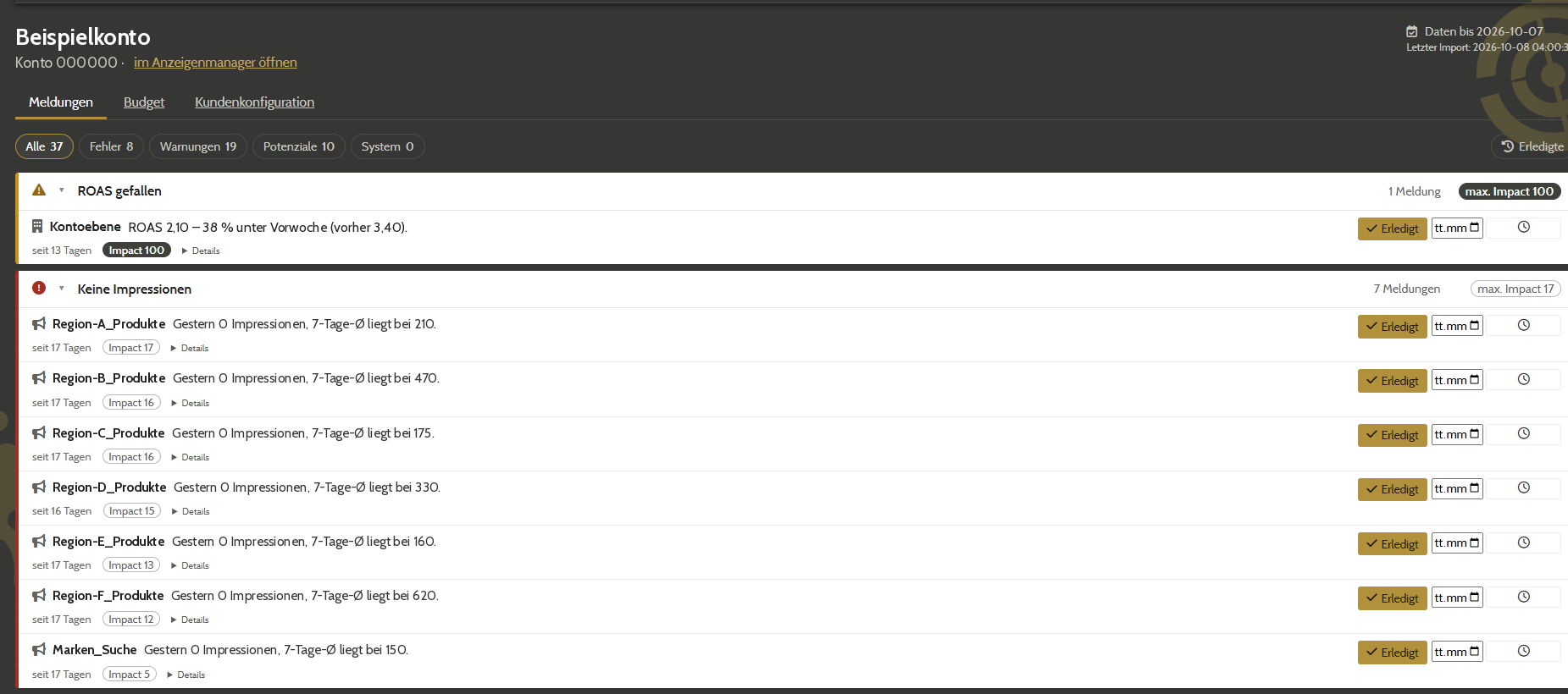 Detailansicht einer Meldung im Google Ads Monitoring mit den betroffenen Kampagnen