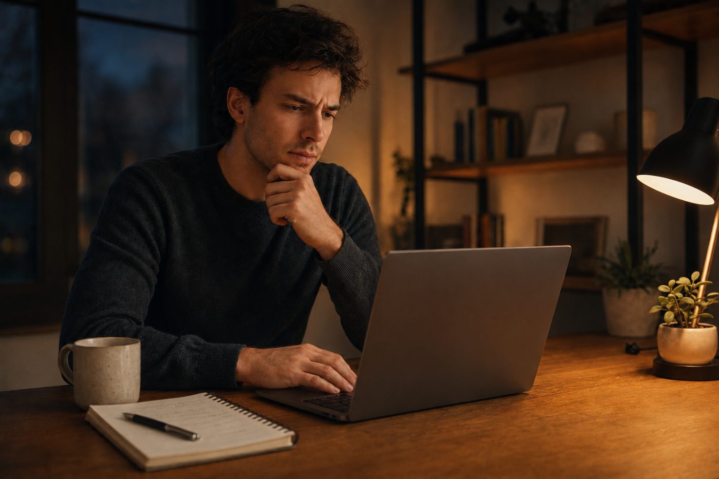 Gründer arbeitet abends mit KI-Unterstützung an der eigenen Website