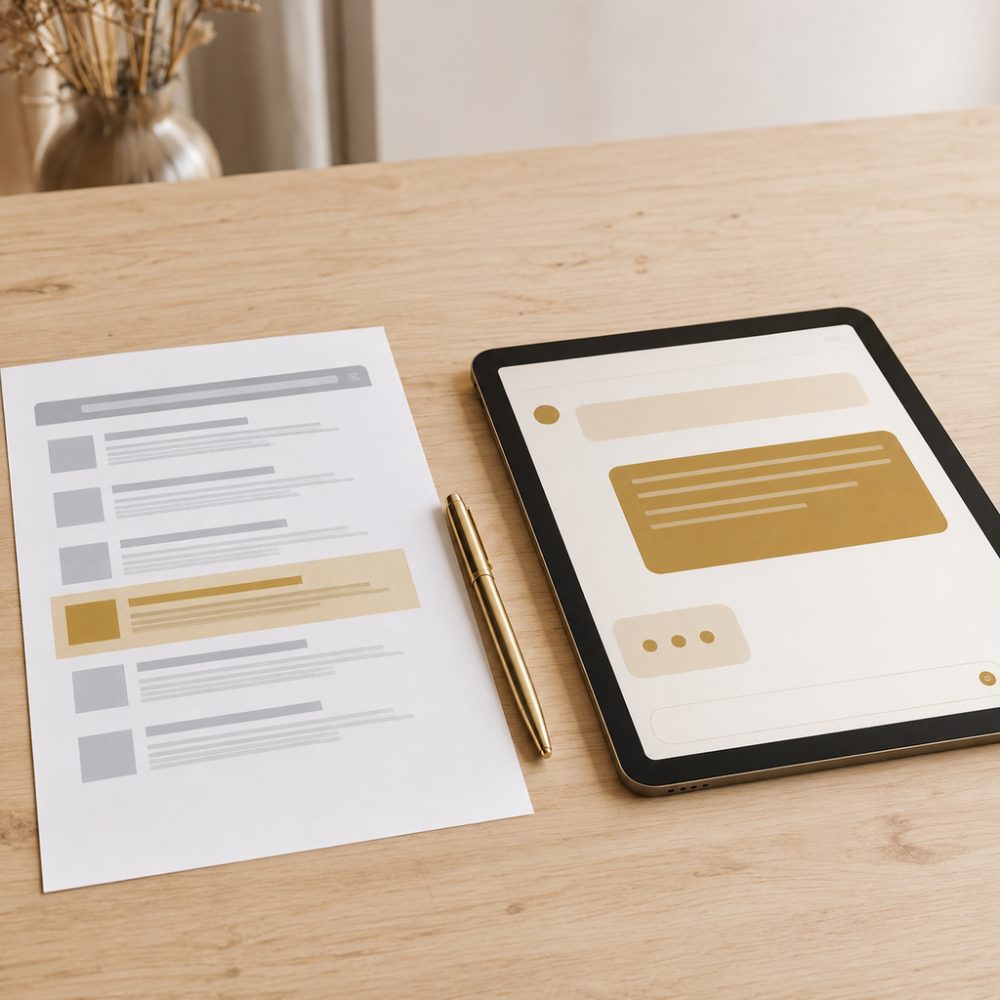 Gedruckte Suchergebnisseite und Tablet mit KI-Chat