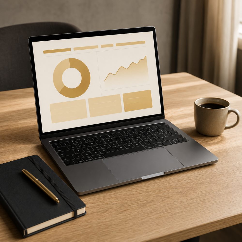 Laptop mit abstraktem Analytics-Report und Notizbuch