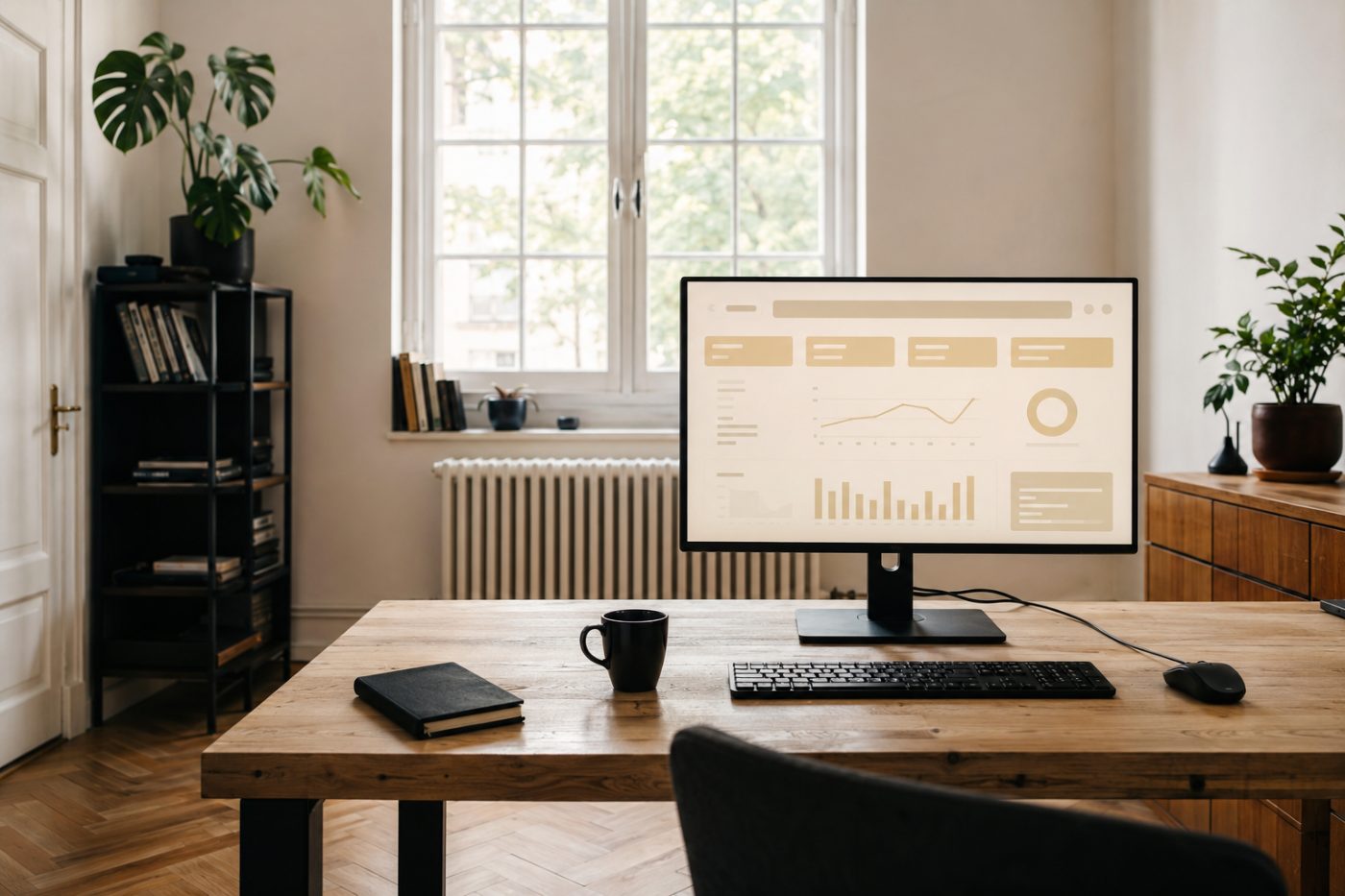 Aufgeräumter Arbeitsplatz mit abstraktem Analytics-Report