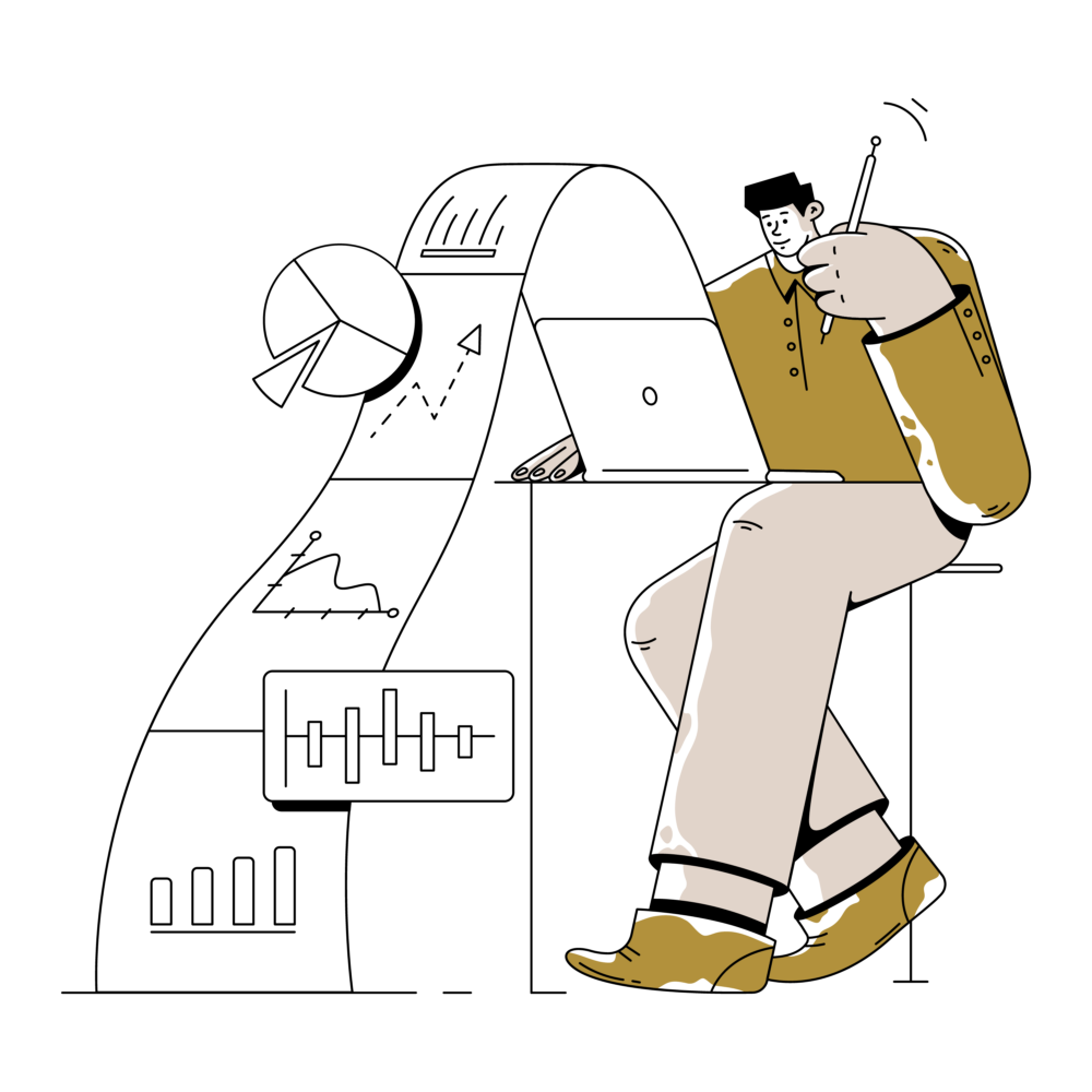 Illustration eines Mannes, der einen Ausdruck mit Daten analysiert