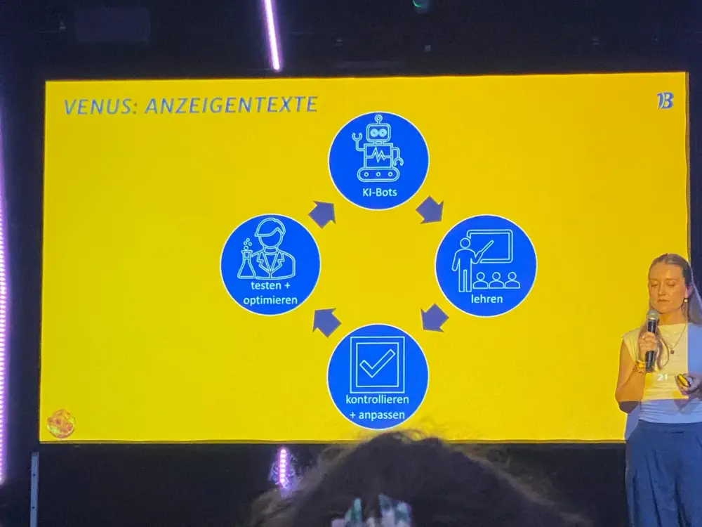 Sarah Wulf erklärt auf der koks.digital in ihrem Vortrag gemeinsam mit Amelie Rothlübbers die vier Schritte zu guten Anzeigentexten mithilfe von Chatbots in Google Ads.